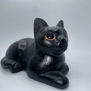 Novica Hand Carved Wooden Black Cat Figurine Resting Feline Statue Folk Art Deco